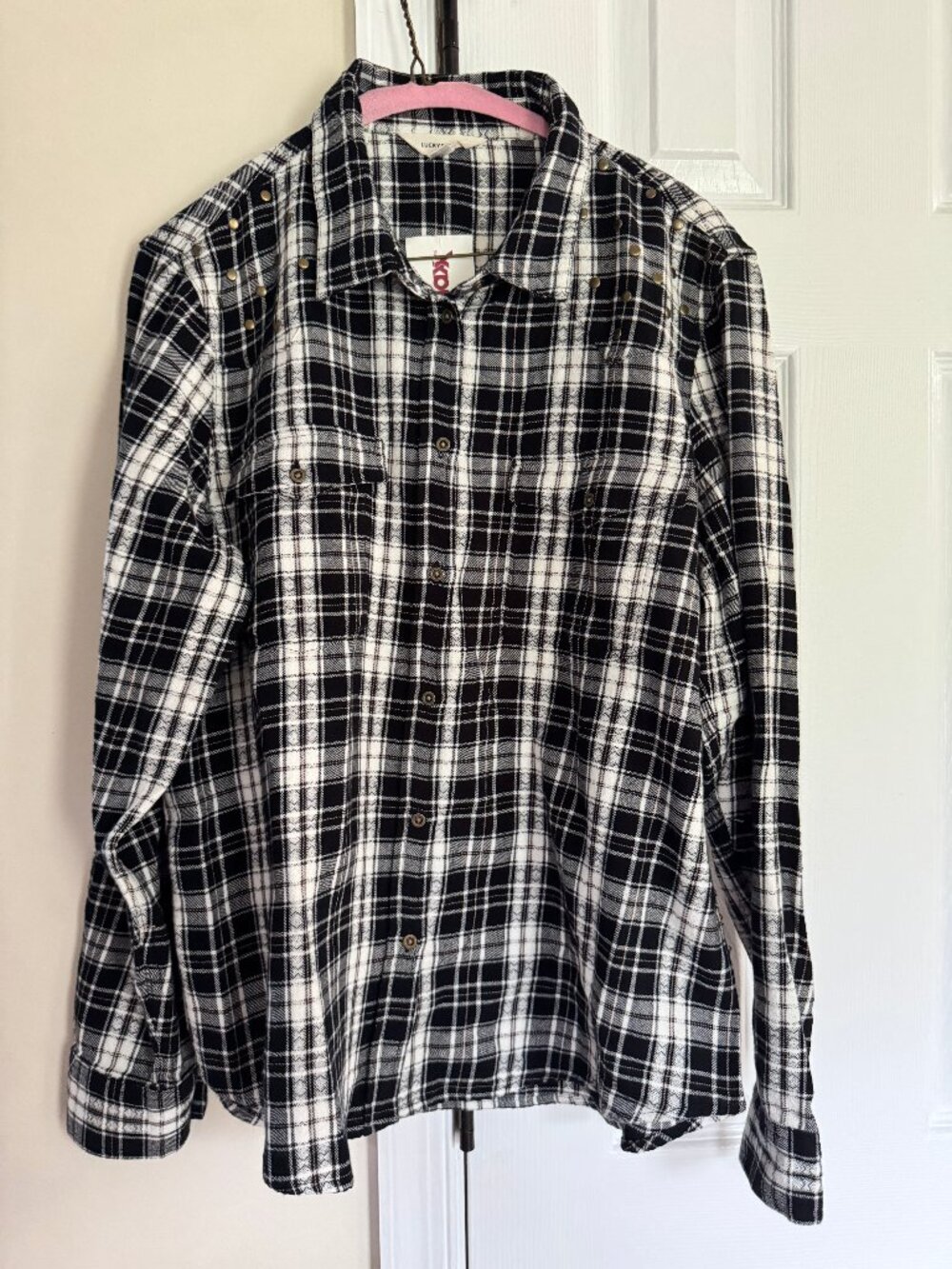 Lucky Brand Plaid Black and White Button Down Long Sleeve Top Womens Large
